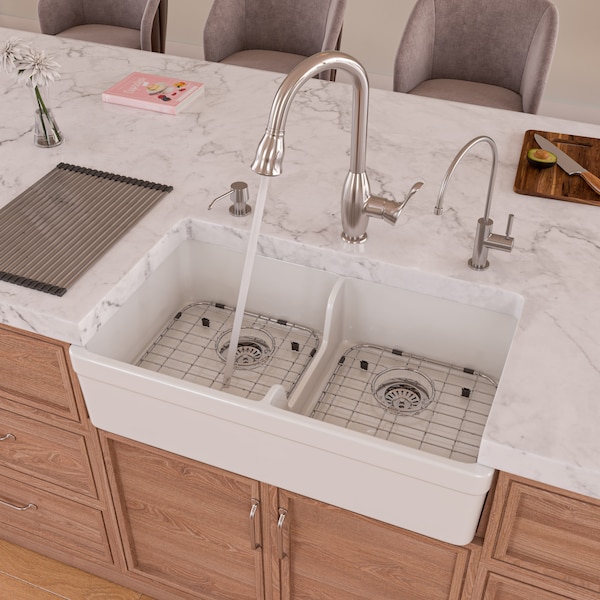 Alfi Brand 32" Short Wall Dbl Bowl Lip Apron Fireclay Farmhouse Kitchen Sink, WHT AB5123-W - main